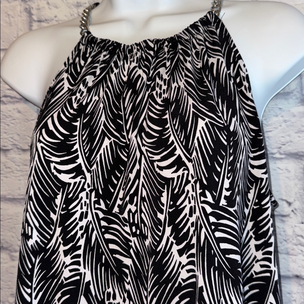 Michael Kors Black And White Patterned Silver Chain Halter Dress Size Medium